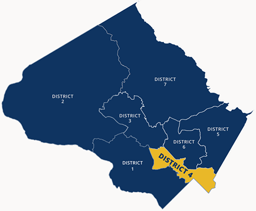 map of District 4 includes Randolph Hills, Kensington Heights, Aspen Hill, Glenmont, Layhill Village and Colesville